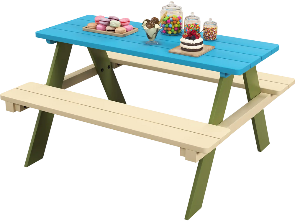 Kids Wooden Picnic Table Set Toddler Activity and Dining Table with Built-in Benches