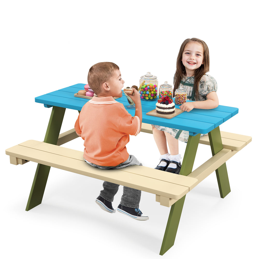 Kids wooden picnic table set with blue and beige surfaces, ideal for dining and activities in outdoor spaces.