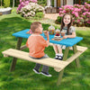 Kids wooden picnic table set with blue top and beige benches, perfect for outdoor dining and activities in the garden.