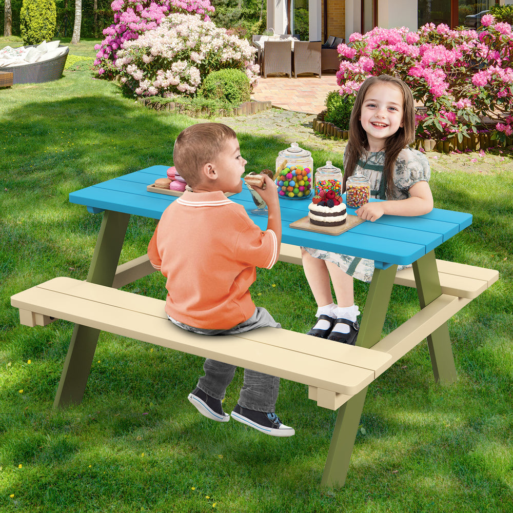 Kids wooden picnic table set with blue top and beige benches, perfect for outdoor dining and activities in the garden.
