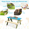 Kids wooden picnic table set with built-in benches in blue and cream, perfect for outdoor dining and activities.