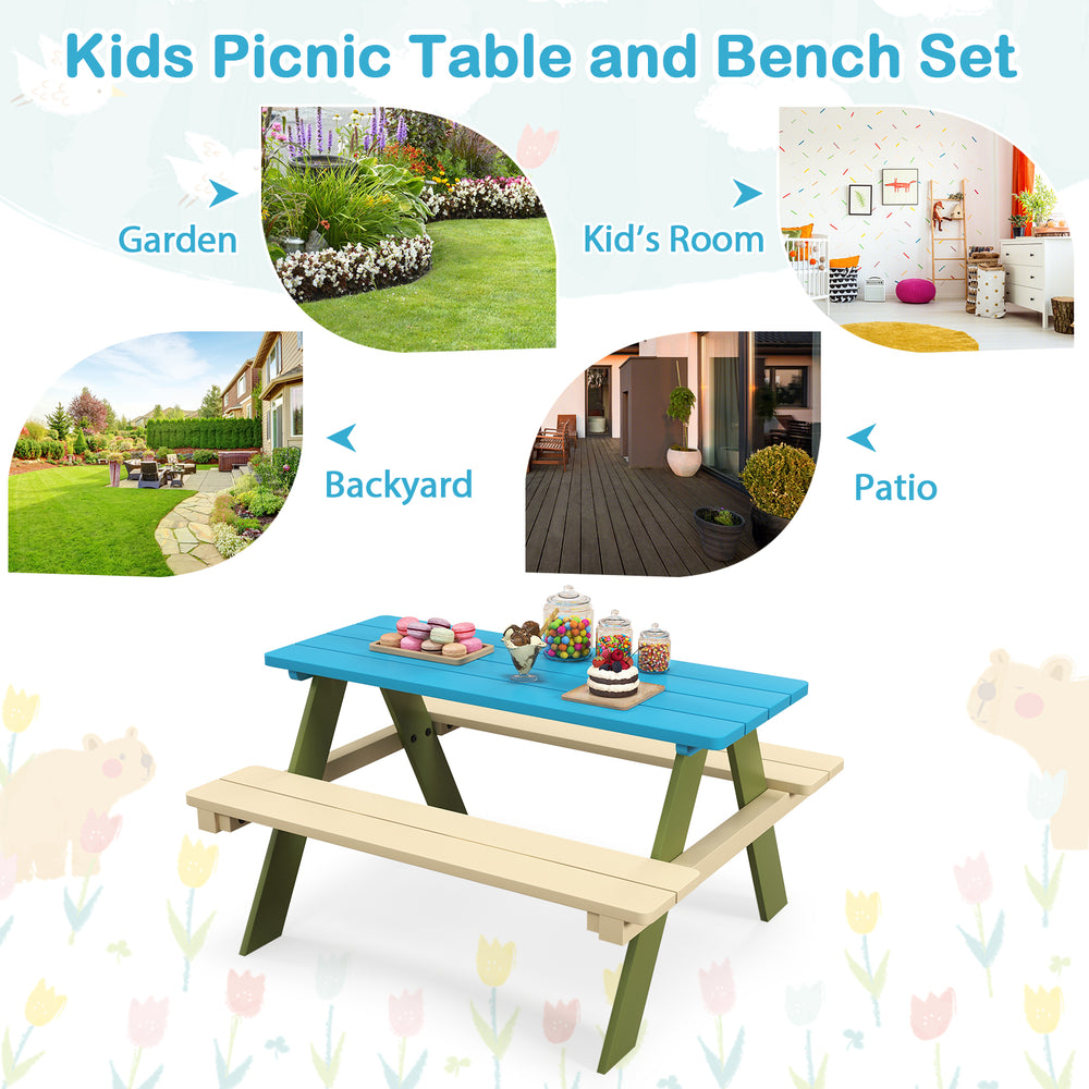 Kids wooden picnic table set with built-in benches in blue and cream, perfect for outdoor dining and activities.