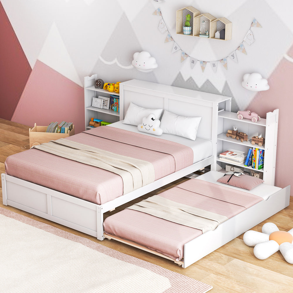 Twin/Full kids wooden platform bed with trundle and storage headboard, featuring a cozy design and mobile bookshelves.