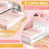 Twin/full kids wooden platform bed with rolling trundle, featuring a high headboard and large storage for sleepovers.