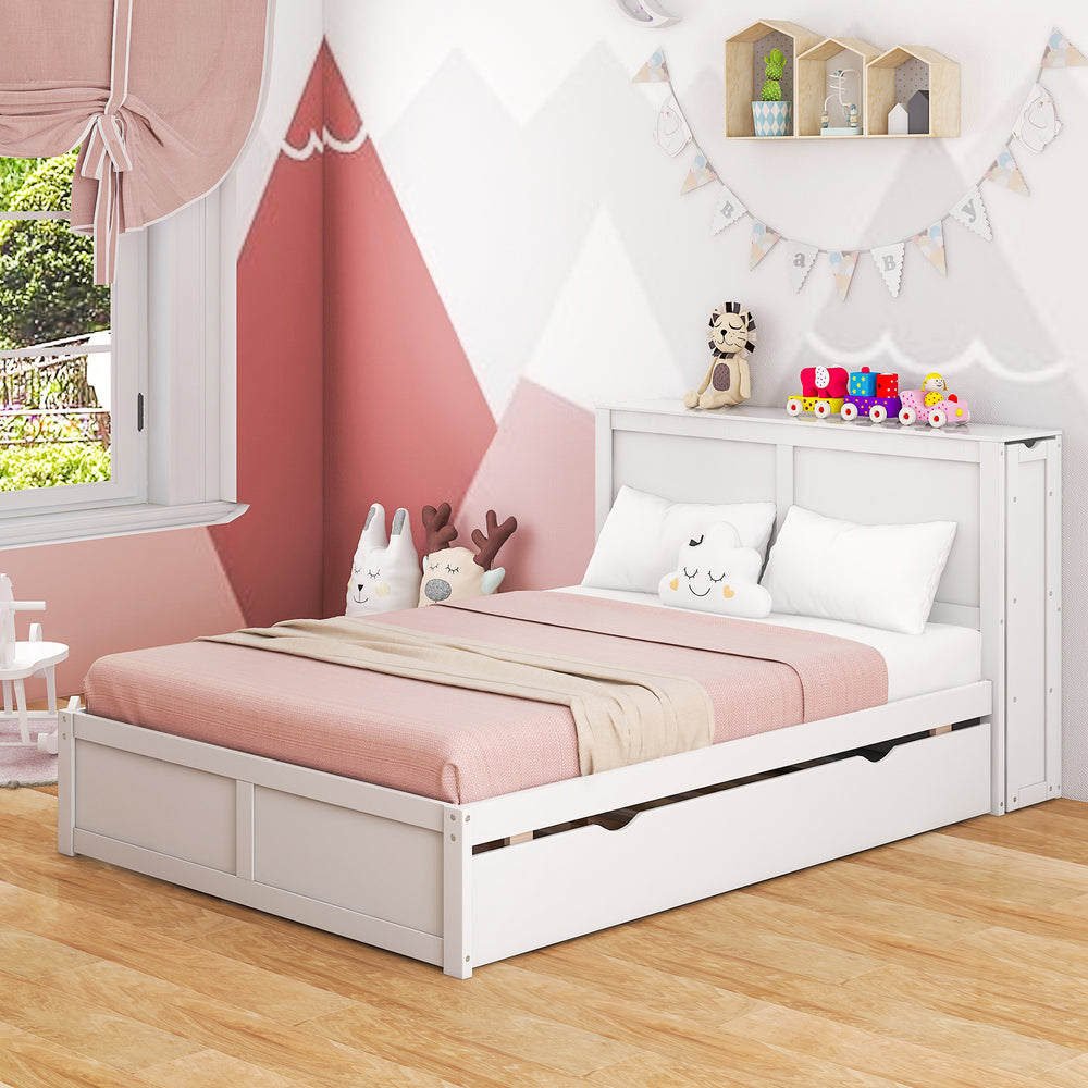 Twin/Full kids wooden platform bed with trundle storage and headboard, perfect for sleepovers and organized playrooms.