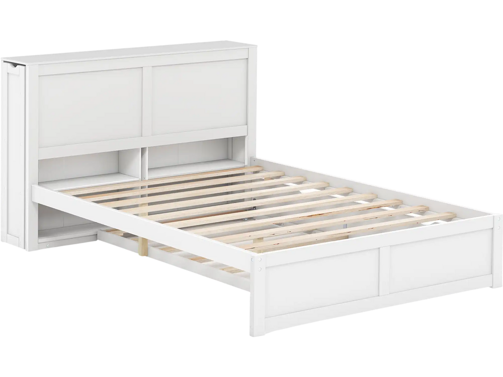 Twin/Full kids wooden platform bed with trundle storage and headboard, featuring sturdy slats for support and large.