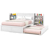 Twin/Full kids wooden platform bed with trundle and storage headboard, featuring two comfy beds for sleepovers.