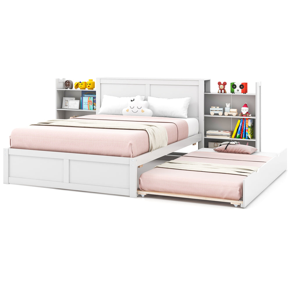 Twin/Full kids wooden platform bed with trundle and storage headboard, featuring two comfy beds for sleepovers.