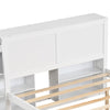 Close-up of the white wooden headboard with storage compartments for the Twin/Full kids platform bed.
