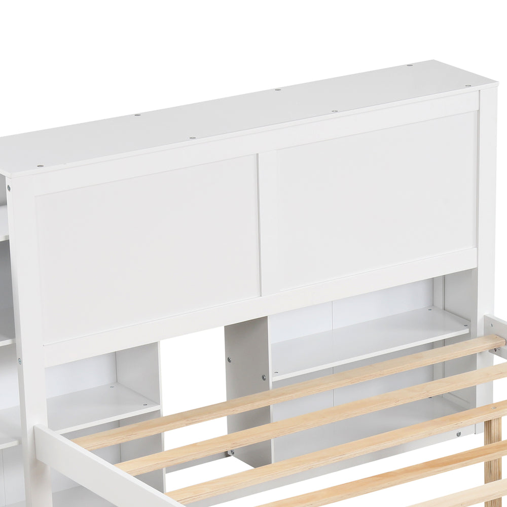 Close-up of the white wooden headboard with storage compartments for the Twin/Full kids platform bed.