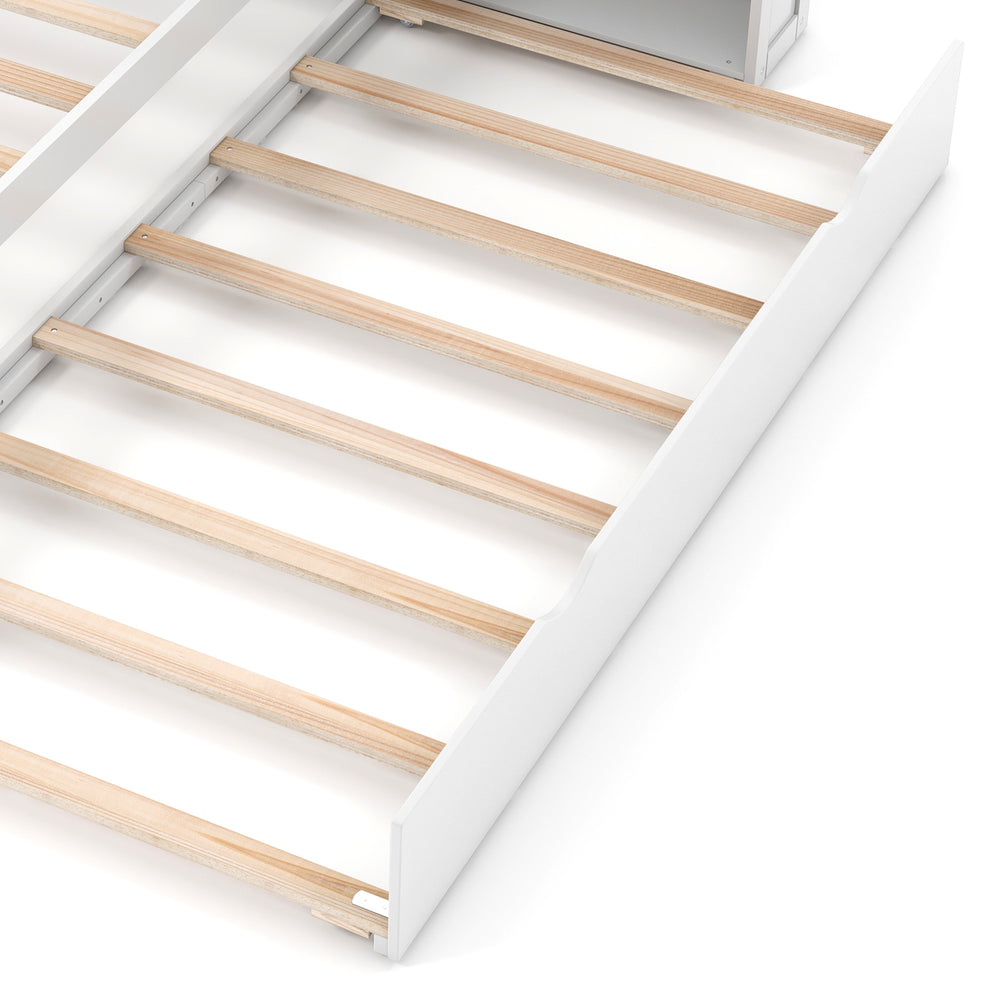 Twin/Full kids wooden platform bed slats with trundle storage, featuring a high headboard for cozy leaning.