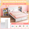 Double mobile bookshelves with cutout handles for easy pulling, ideal for storing books and toys in a kids' room.