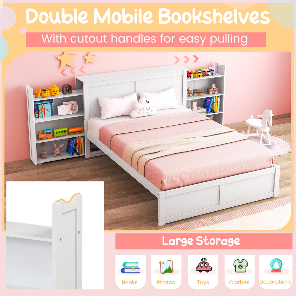 Double mobile bookshelves with cutout handles for easy pulling, ideal for storing books and toys in a kids' room.