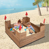 Kids wooden sandbox with red flags, solid cedar wood, large play area for 2 kids, includes ground liner and storage.