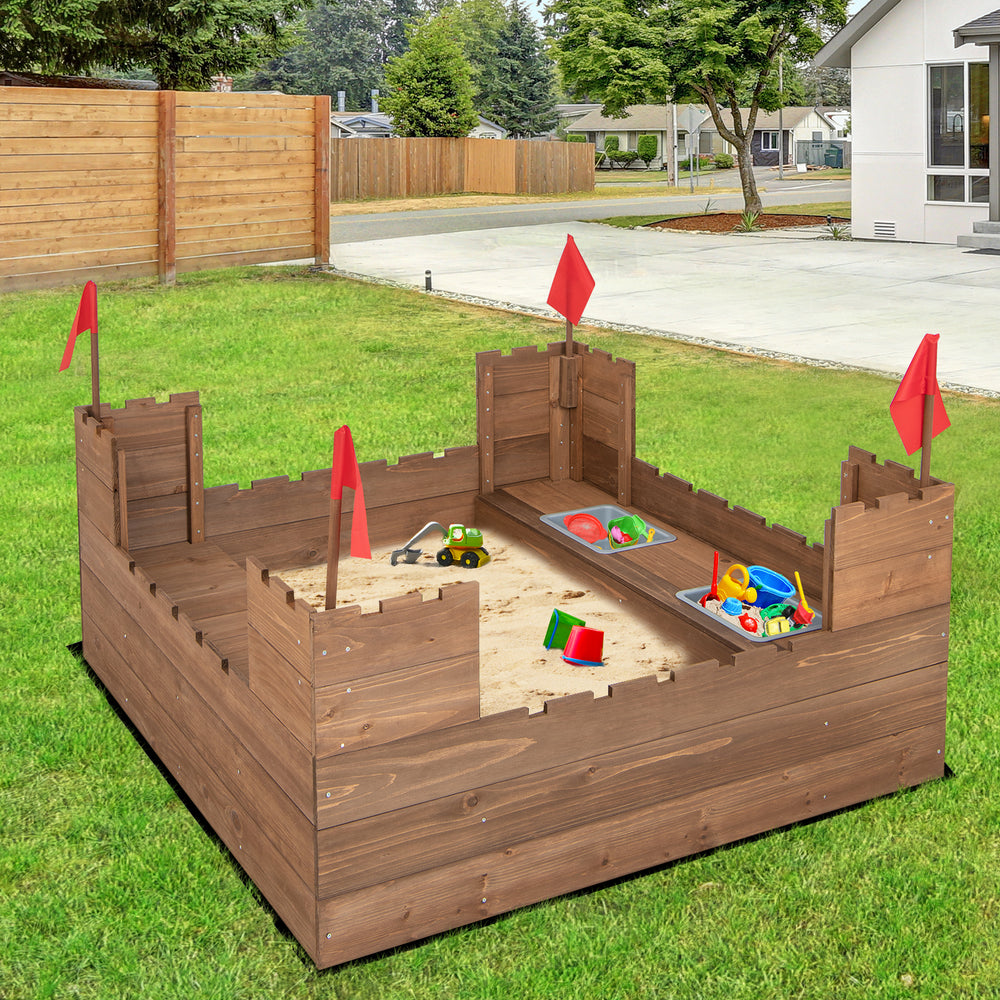 Kids wooden sandbox with red flags, solid cedar wood, includes ground liner, large play area for 2 kids.