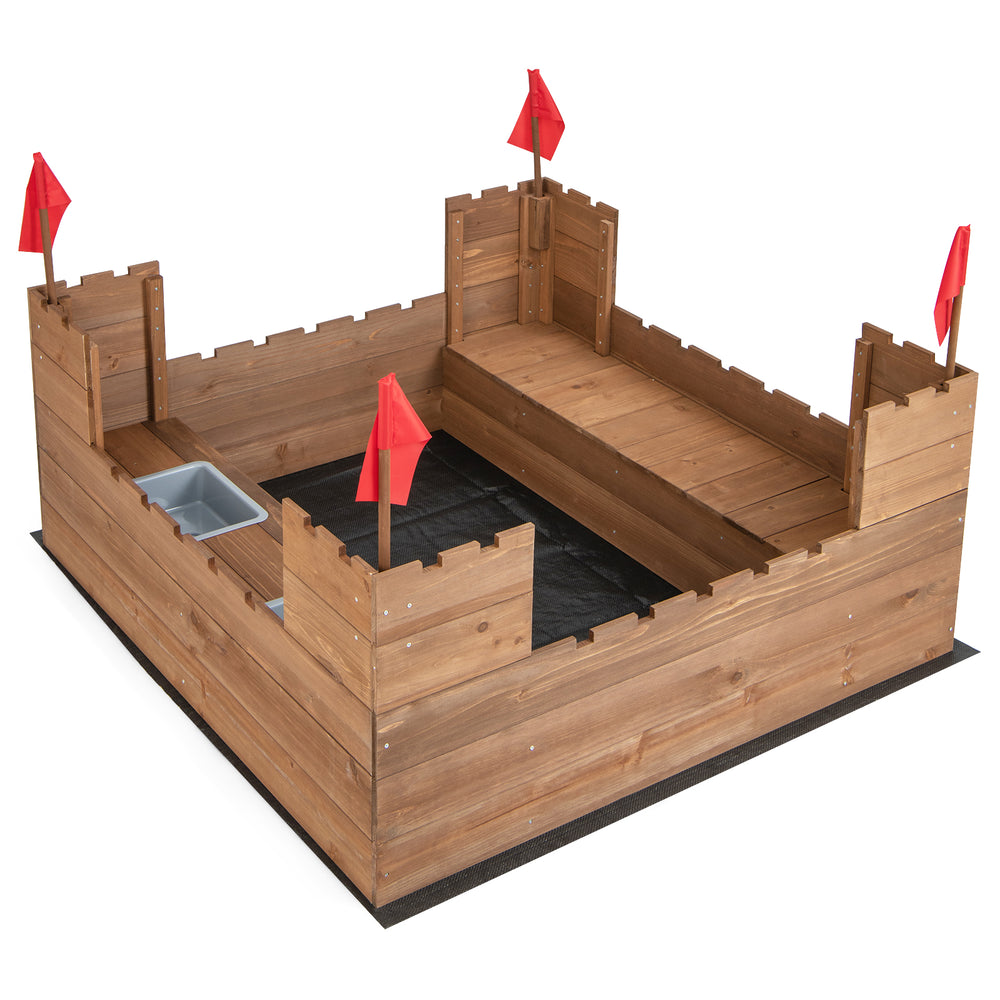 Kids wooden sandbox with red flags, solid cedar wood, includes bottom liner and storage boxes for outdoor play.