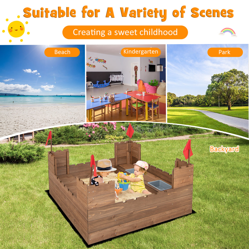 Kids wooden sandbox with red flags, solid cedar wood, large play area for 2 kids, suitable for backyard fun.