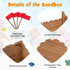 Kids wooden sandbox featuring a castle design, red flags, sturdy cedar wood, and smooth surface for safe play.