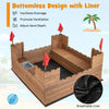 Kids wooden sandbox with bottom liner, red flags, and removable storage boxes for outdoor play and ventilation.