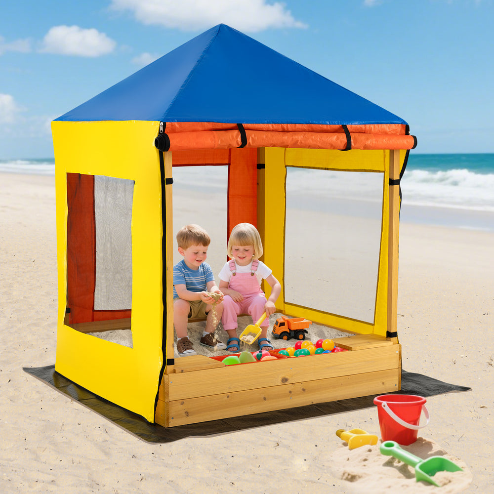 Kids wooden sandbox with blue canopy, mesh windows, and colorful toys, perfect for outdoor play and creativity.