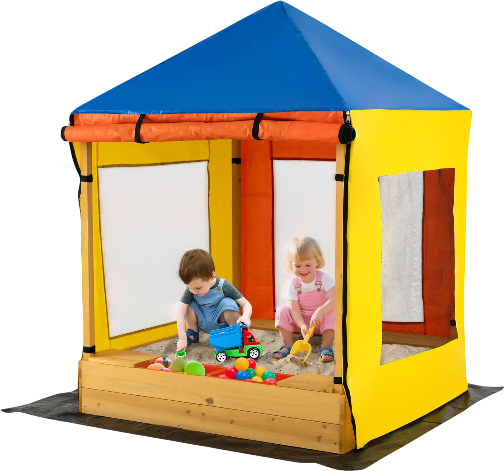 Costway Kids Wooden Sandbox Canopy Mesh Windows Bottom Liner 32262295 New