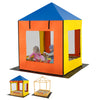 Colorful kids' wooden sandbox with canopy, mesh windows, and benches for outdoor play in backyard or garden.