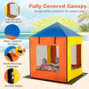 Kids wooden sandbox with a fully covered canopy, breathable windows, and wear-resistant PE fabric for outdoor play.