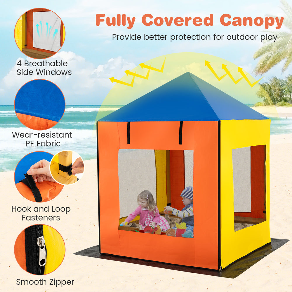 Kids wooden sandbox with a fully covered canopy, breathable windows, and wear-resistant PE fabric for outdoor play.