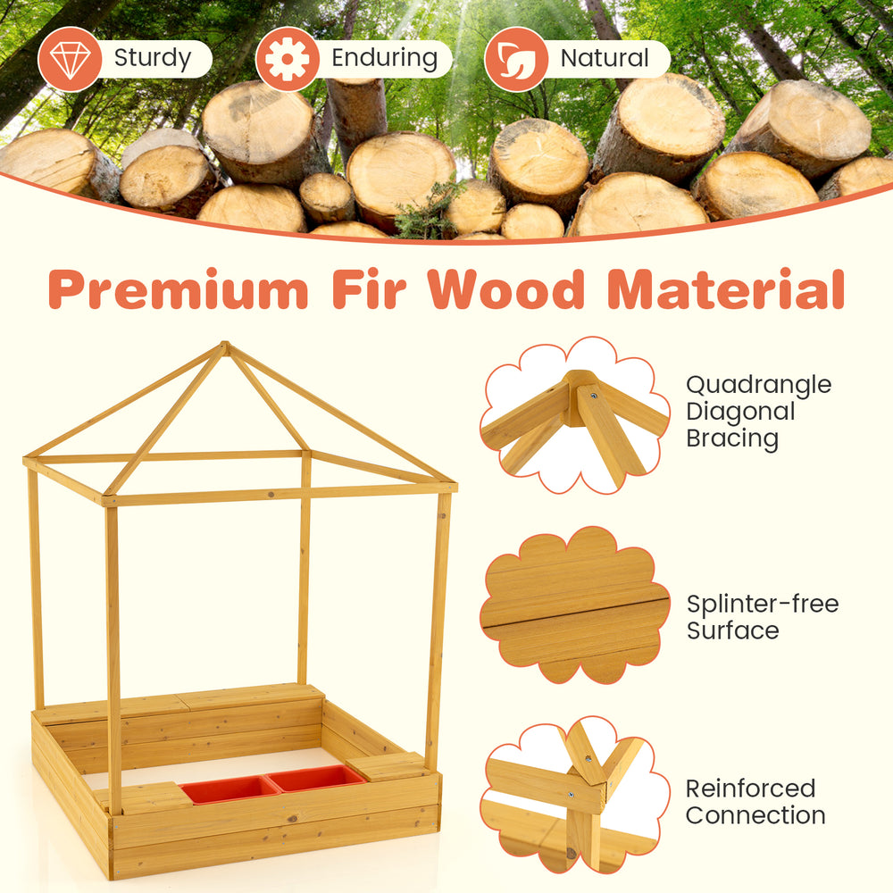 Kids wooden sandbox with canopy, made of premium fir wood, featuring breathable windows and hidden storage for outdoor.