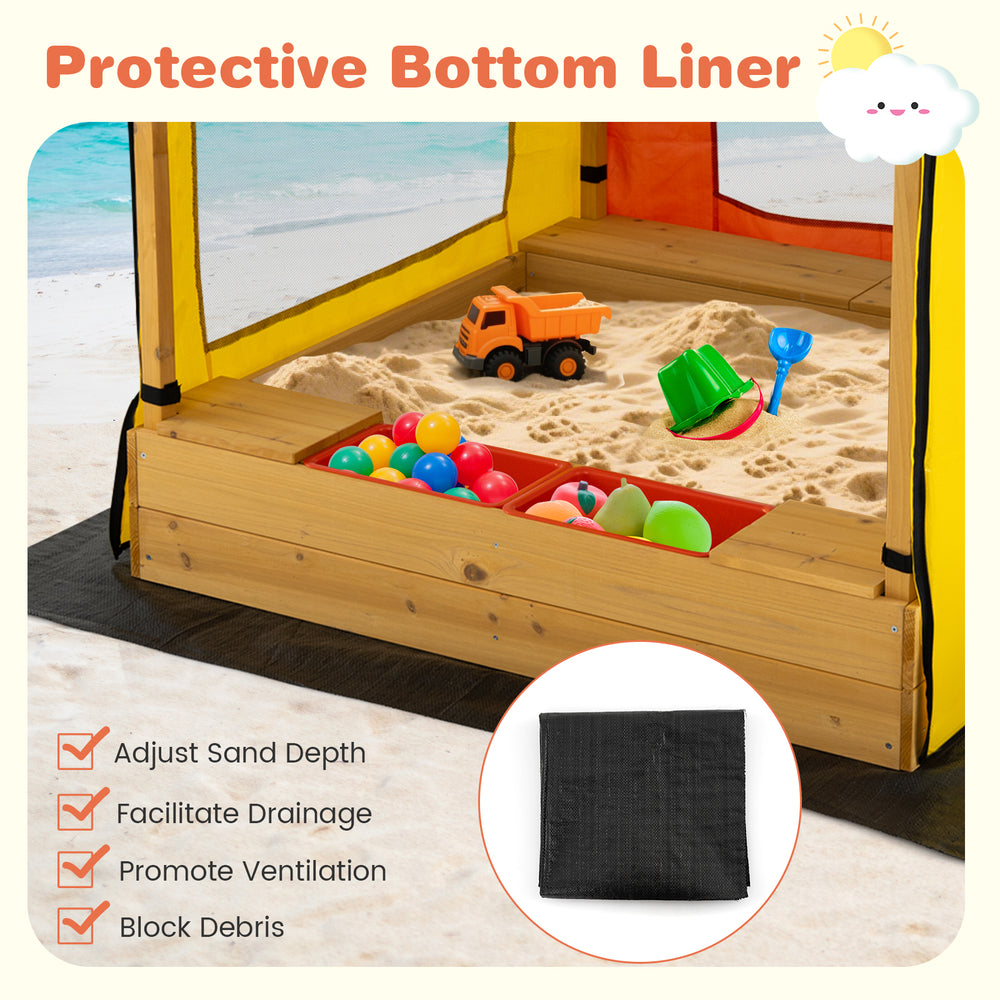 Kids wooden sandbox with canopy, featuring a protective bottom liner for clean play and ample space for outdoor fun.