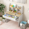 Kids wooden study desk with hutch and drawer, featuring diverse storage and rounded edges for safety in a playroom.