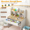 Kids wooden study desk with hutch and drawer, featuring spacious desktop and diverse storage options for children's.