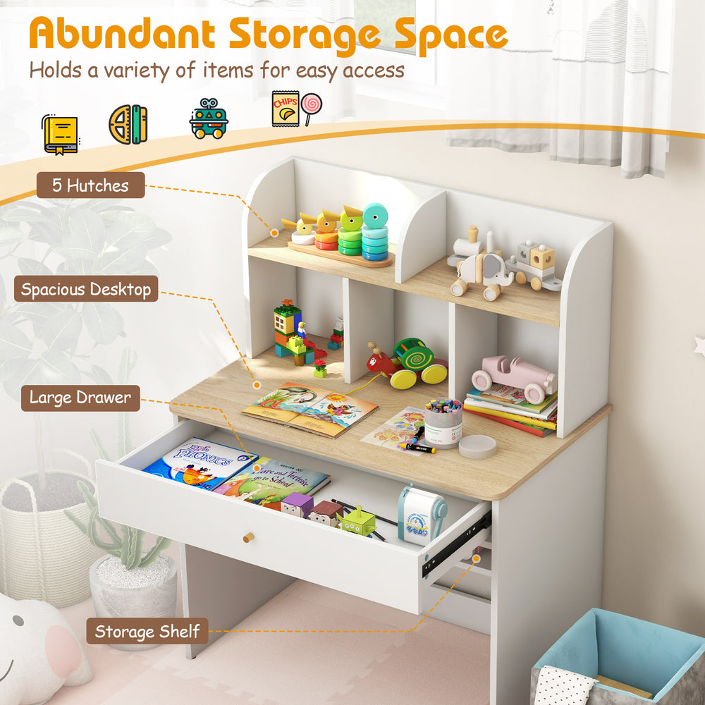 Kids wooden study desk with hutch and drawer, featuring spacious desktop and diverse storage options for children's.
