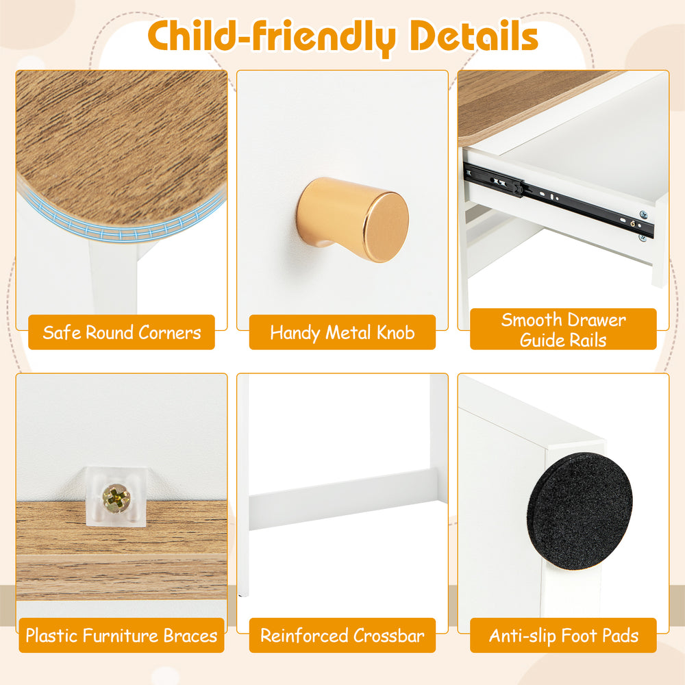 Child-friendly details of the Kids Wooden Study Desk, featuring safe round corners, metal knob, and anti-slip foot pads.