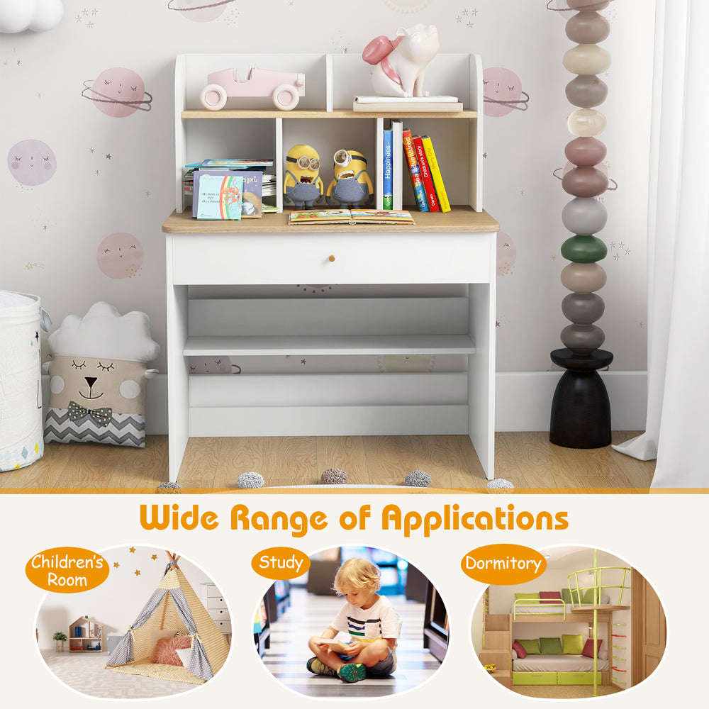 Kids wooden study desk with hutch and drawer, featuring diverse storage and safety design for children's rooms and.