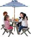 Kids wooden table set with gray finish, featuring an octagonal table, four stools, and a striped removable umbrella for.