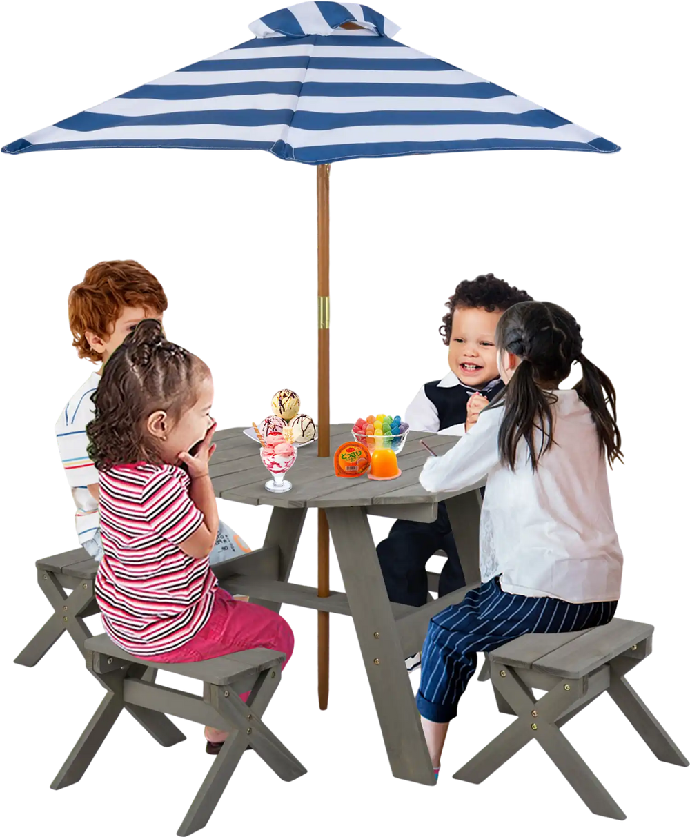 Kids wooden table set with gray finish, featuring an octagonal table, four stools, and a striped removable umbrella for.