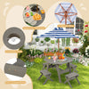 Kids wooden table set with removable umbrella, spacious gray tabletop, and four stools for outdoor play and dining.