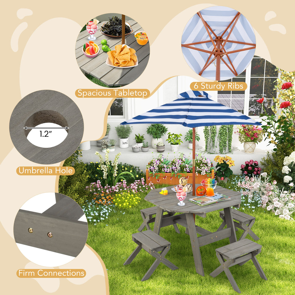 Kids wooden table set with removable umbrella, spacious gray tabletop, and four stools for outdoor play and dining.
