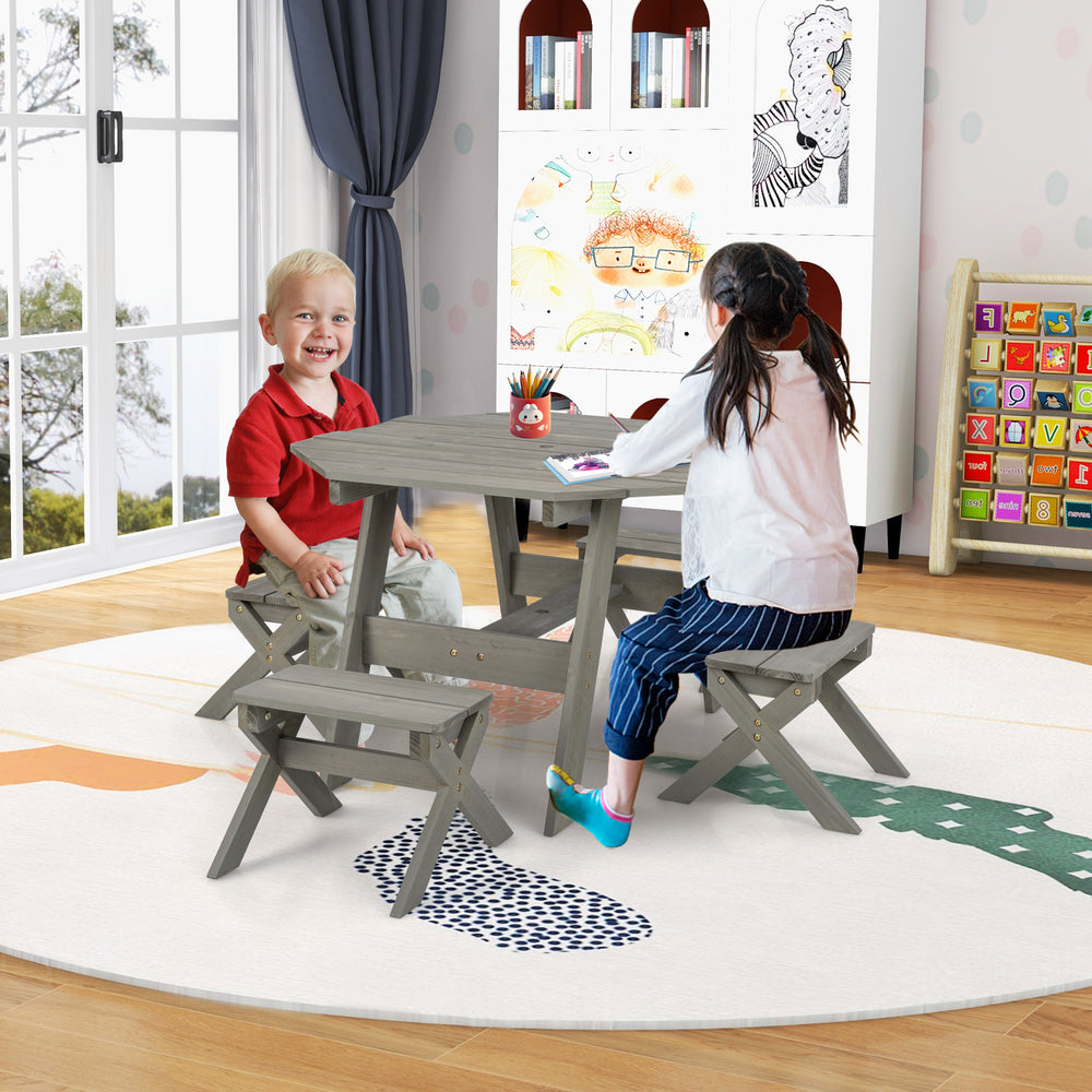 Kids wooden table set in gray with octagonal table, stools, and removable umbrella for indoor and outdoor play.