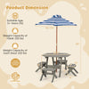 Kids wooden table set with gray finish, includes octagonal table, 4 stools, and removable striped umbrella for outdoor.