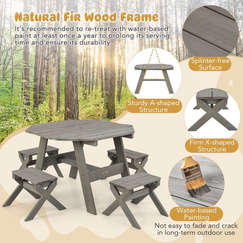 Kids wooden table set featuring an octagonal table and four stools, made of fir wood with water-based paint for.