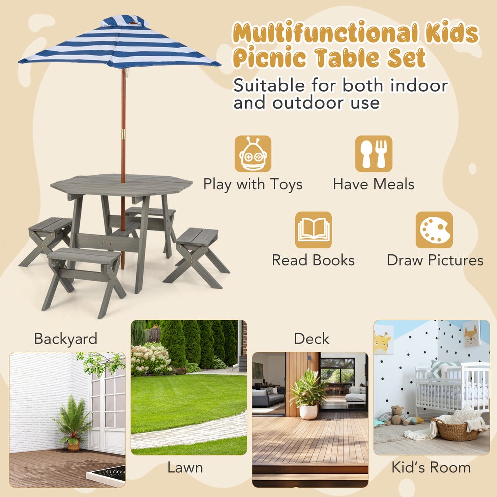 Kids wooden table set in gray with removable umbrella, perfect for outdoor play and dining for children aged 3+.