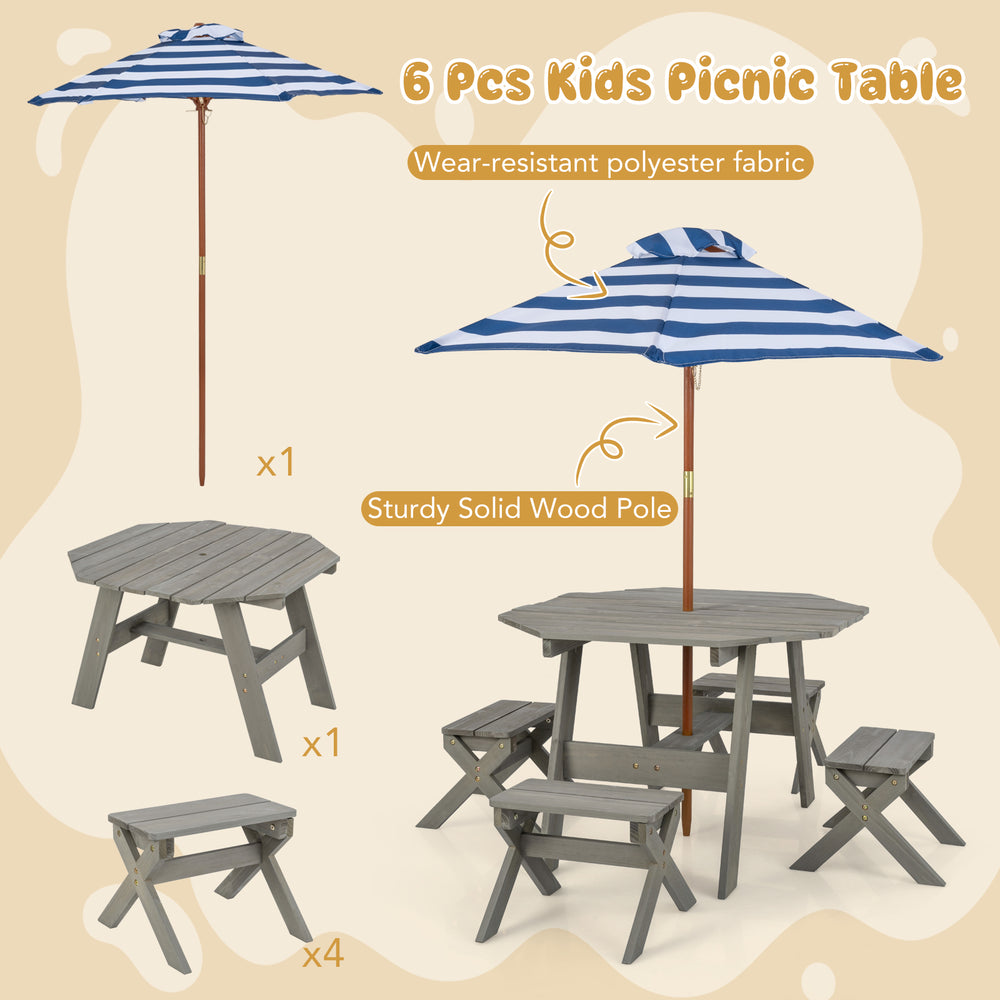 Kids wooden picnic table set in gray with removable striped umbrella, includes 4 stools for outdoor play and dining.