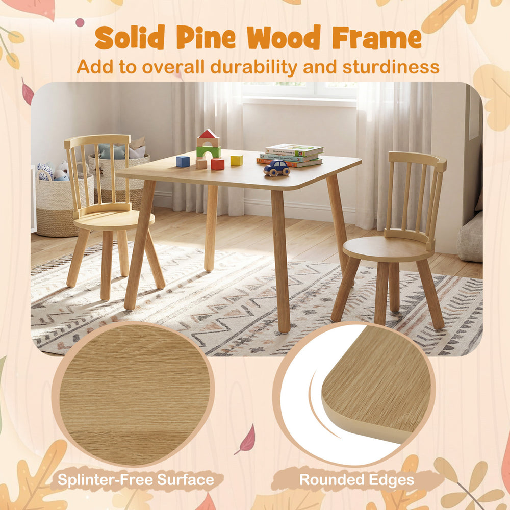 Kids wooden table and chairs set with solid pine wood frame, splinter-free surface, and rounded edges for safety.