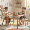 Kids wooden table and chairs set with natural pine wood frame, perfect for learning and play in a toddler-friendly.
