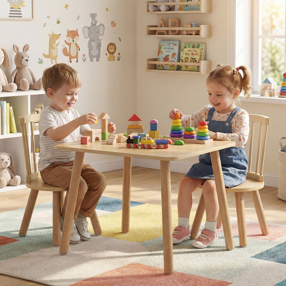 Kids wooden table and chairs set with natural pine wood frame, perfect for learning and play in a toddler-friendly.