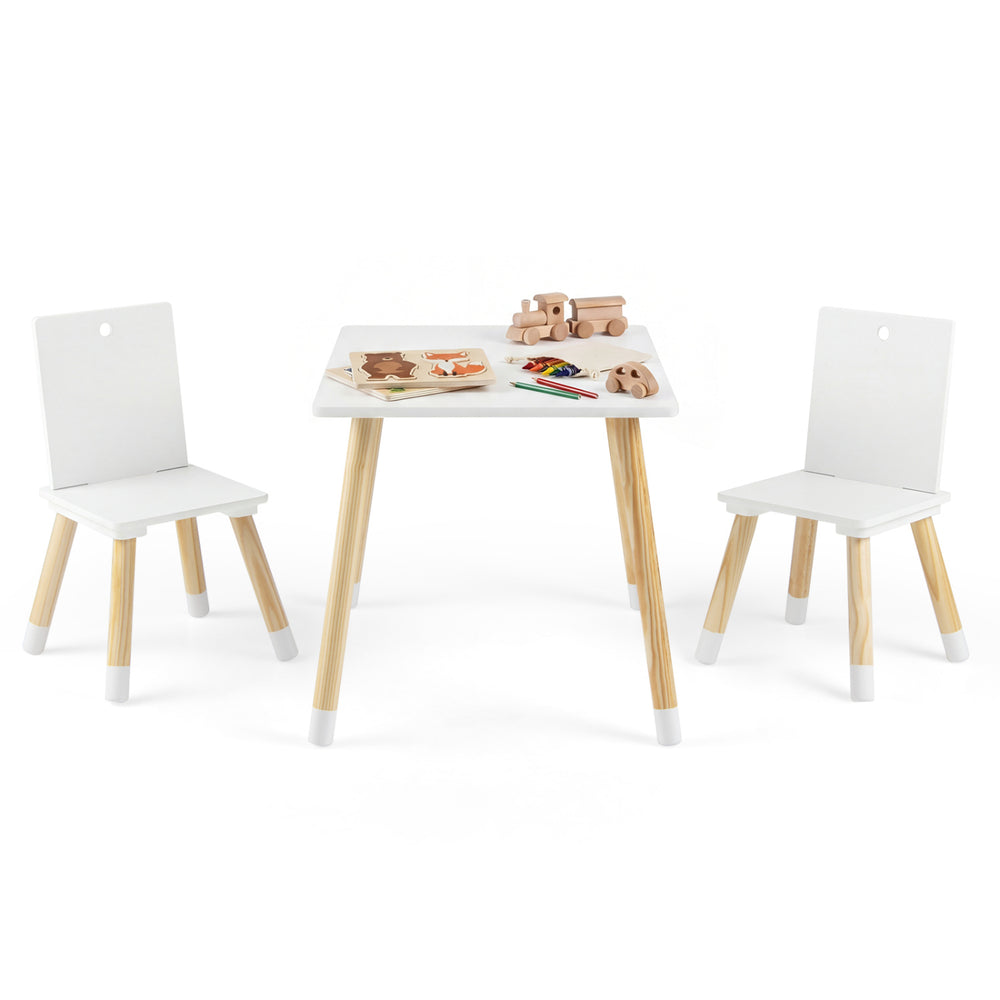 Kids wooden table and 2 chairs set in white with natural pine legs, perfect for playtime and creative activities.