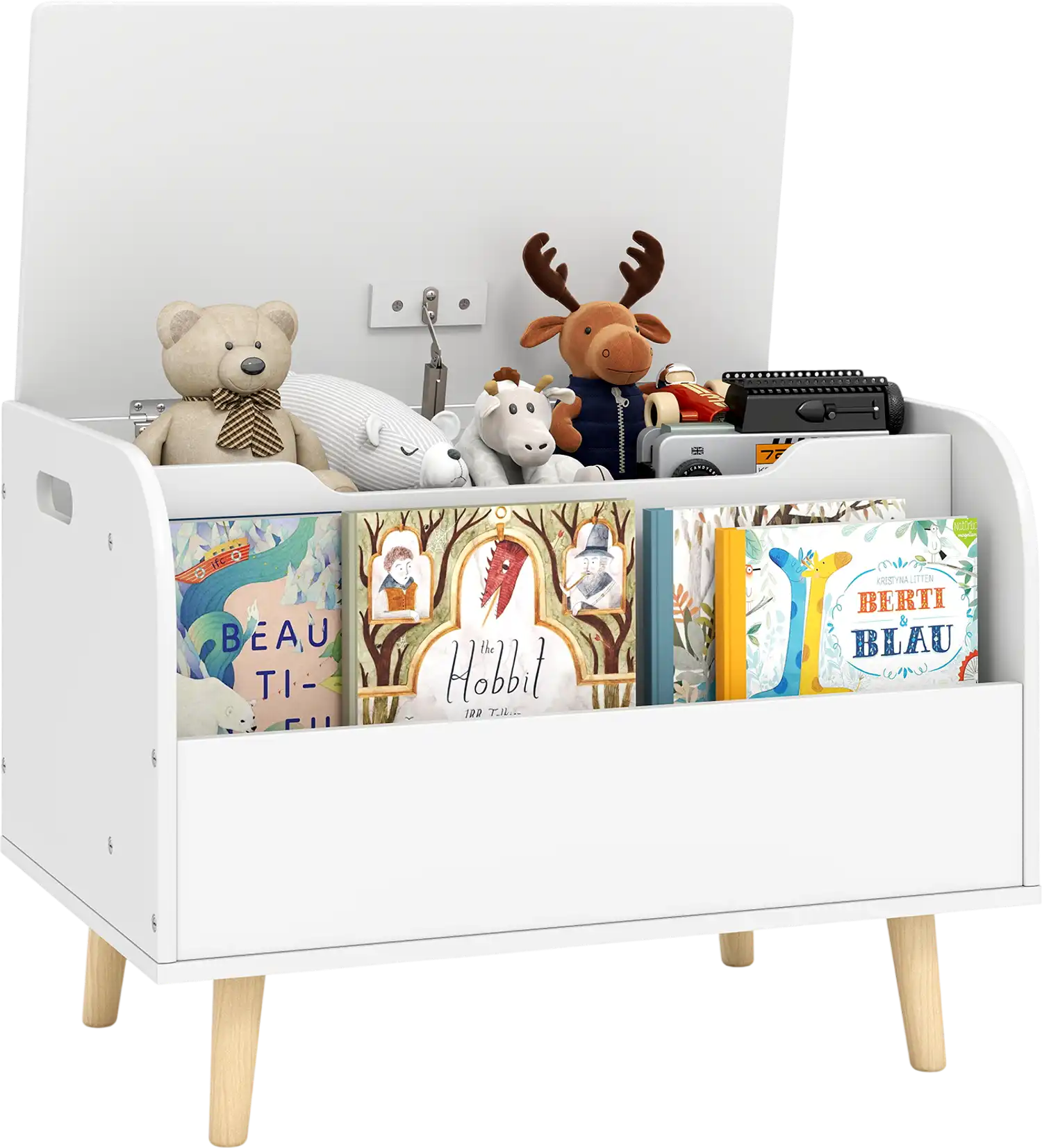 Costway Kids Wooden Toy Box Front Bookshelf 4 Solid Wood Legs 21244693 New