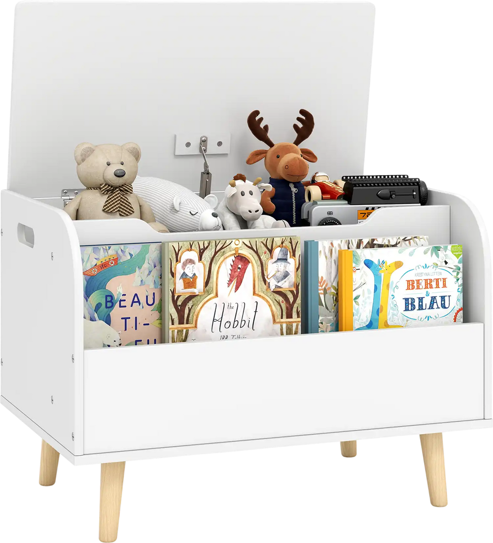 Kids wooden toy box with front bookshelf, featuring 4 solid wood legs, ideal for storing toys and books in a playroom.